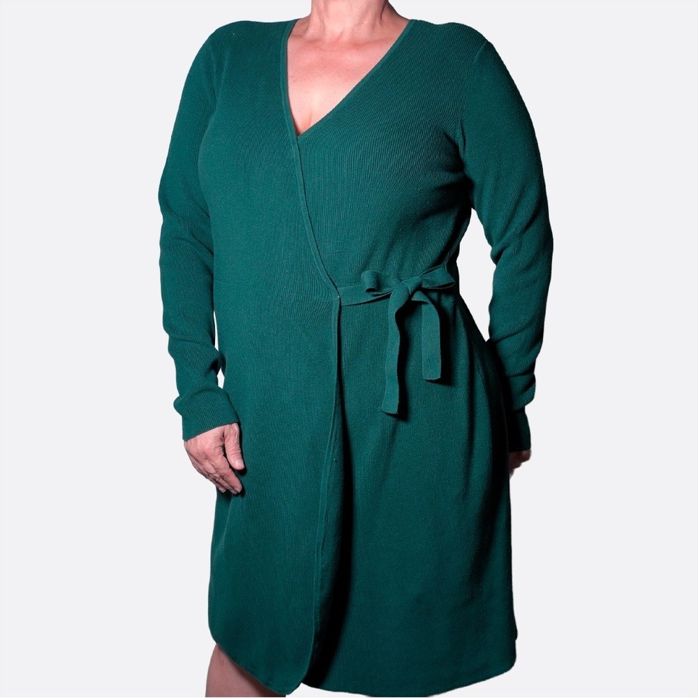 Loft Outlet Green Ribbed Knit Long Sleeve‎ Wrap Dress V-Neck Side Tie Plus 1X XL